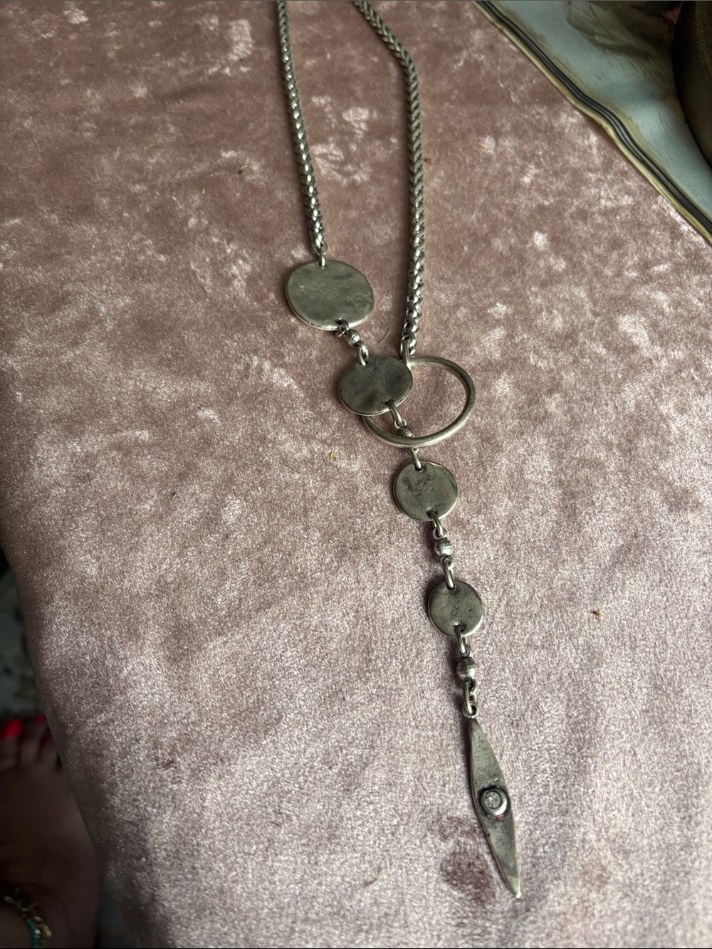 Hammered Disc Y-Drop Necklace - Silver